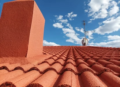 Aplicación de corcho proyectado ELASTICOVER TECH. Tejado, de casa unifamiliar, de tejas rojas.